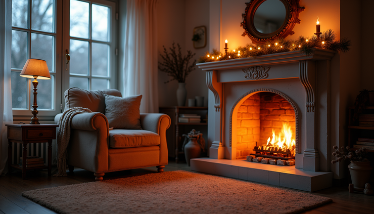 Eye-level view of a warmly lit living room with a flickering fireplace and cozy armchair