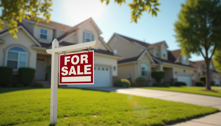 Eye-level view of a suburban house with a "For Sale" sign in front