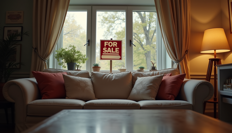Eye-level view of a cozy living room with a “For Sale” sign outside the window