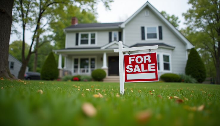 Eye-level view of a suburban Massachusetts home with a "For Sale" sign