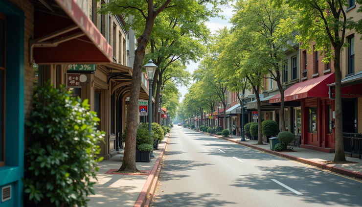 Eye-level view of Roslindale Village with local shops and tree-lined streets