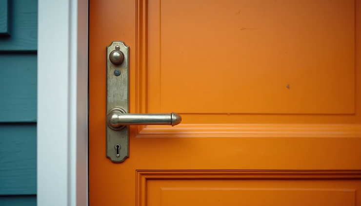 Eye-level view of a freshly painted front door with new hardware
