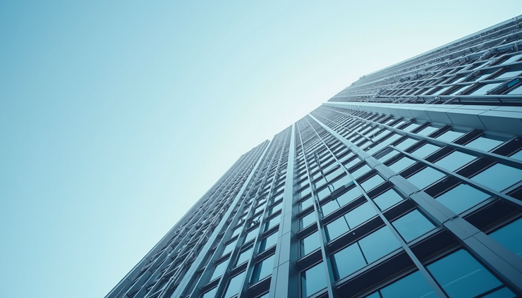 High angle view of a modern commercial building with clear skies