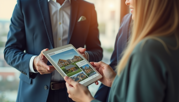 Close-up view of a real estate agent showing a home listing on a tablet to a couple