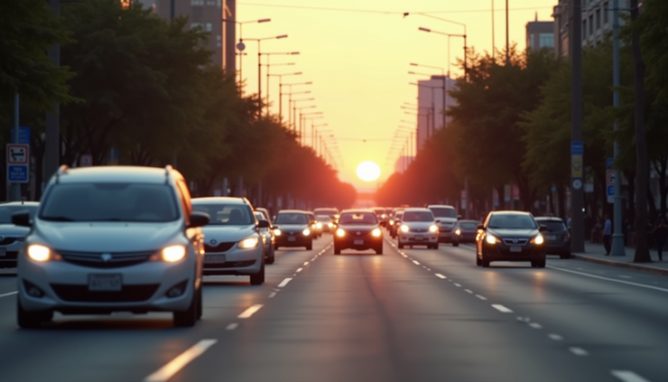 Eye-level view of a suburban street with cars during rush hour