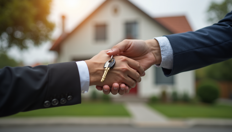 Close-up view of a real estate agent handing house keys to a buyer outside a home