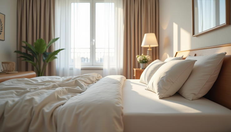 Eye-level view of a tidy and well-lit bedroom with neutral decor
