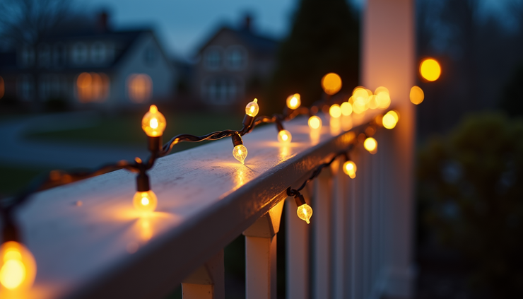 Close-up view of outdoor holiday string lights wrapped safely around a porch railing in a Massachusetts home
