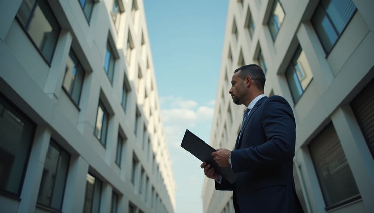 High angle view of a commercial property inspection with a clipboard and building in background