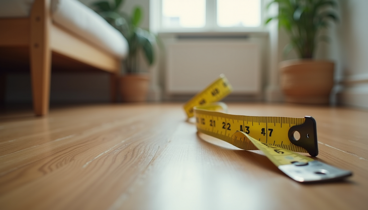 Close-up view of a measuring tape extended on a hardwood floor inside a home