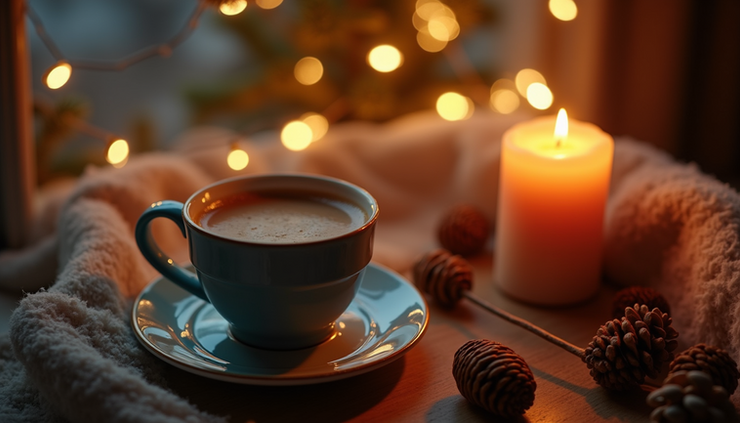 Close-up view of a steaming mug on a wooden table near a softly glowing candle
