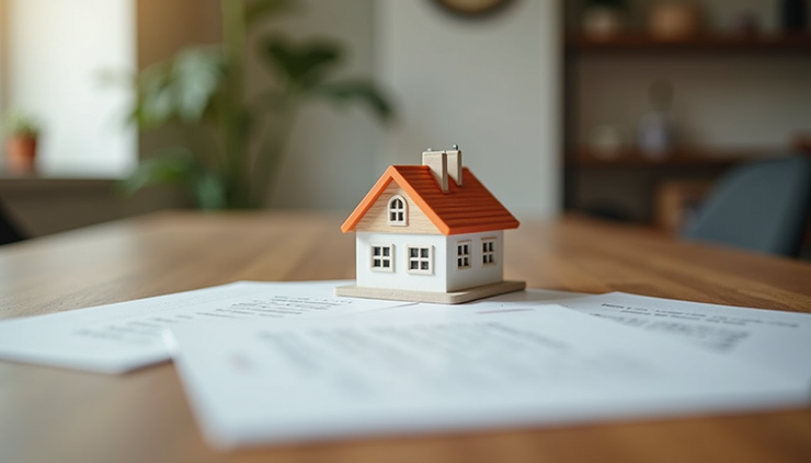 Eye-level view of a house with multiple offer letters on a table