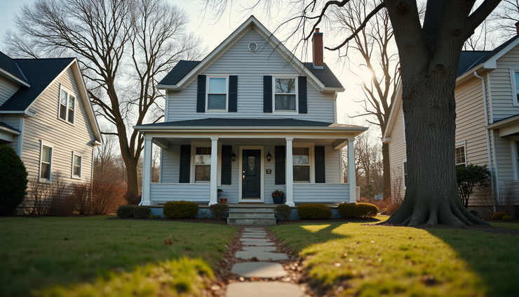 Eye-level view of the front exterior of a cozy 3-bedroom house in Roslindale with a small yard