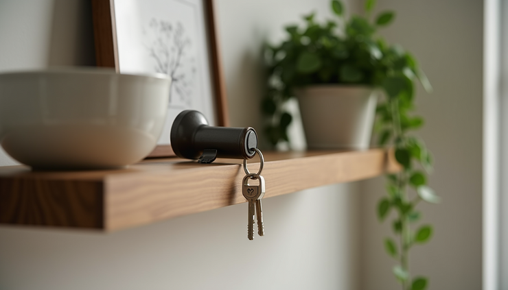 Close-up view of a neatly organized entryway shelf with keys, a small plant, and a decorative bowl