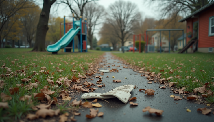 Close-up view of a neighborhood park with visible trash and damaged playground equipment