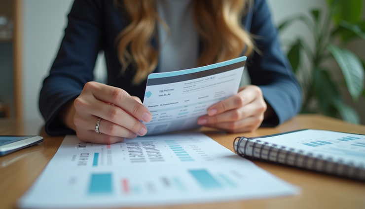 Eye-level view of a person reviewing credit card statements at a desk