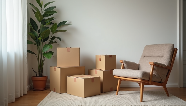 Eye-level view of a living room corner with unpacked boxes and a cozy armchair