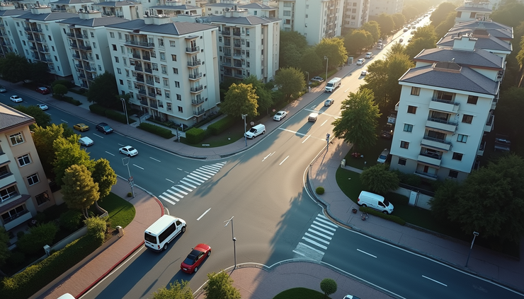 High angle view of a busy intersection near residential buildings with visible traffic congestion