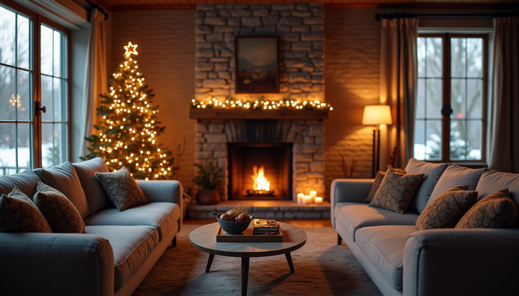 High angle view of a cozy living room with a lit fireplace and winter decorations