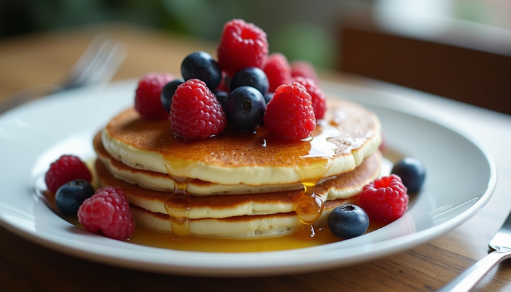 High angle view of a plate with ricotta pancakes and fresh berries at Sophia's Grotto
