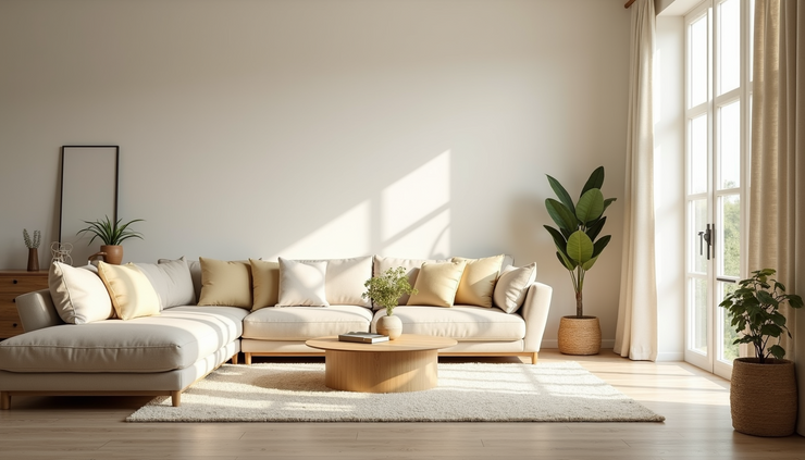 Eye-level view of a bright living room with neutral decor and natural light