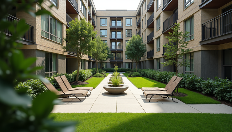 High angle view of a condo courtyard with shared green space and seating in Malden