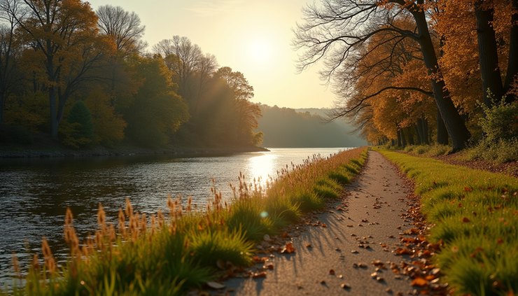 Close-up view of a riverside trail along the Charles River in Auburndale village