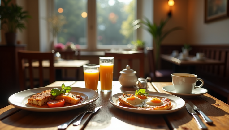 Eye-level view of a rustic wooden table set with Italian brunch dishes at Sophia's Grotto