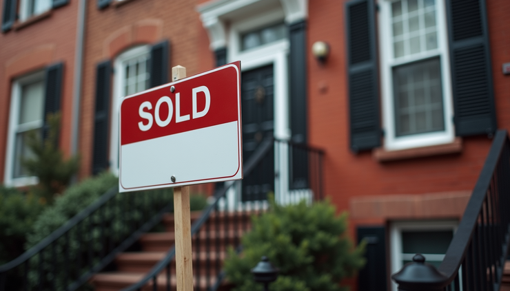 Close-up view of a "Sold" sign in front of a Boston townhouse