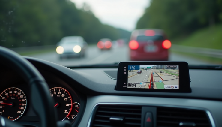 Close-up view of a car dashboard showing GPS navigation during a commute