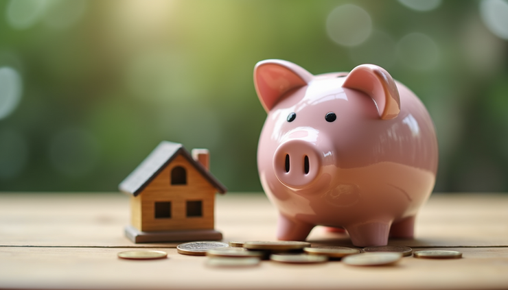 Close-up view of a piggy bank with coins and a small house model on a wooden table