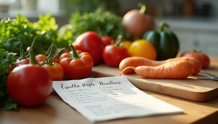 Close-up view of a kitchen counter with a bowl of fresh vegetables and a handwritten recipe card