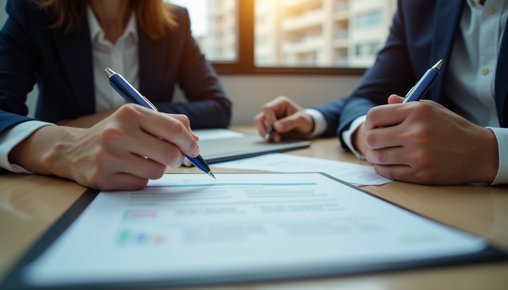 High angle view of a real estate agent and buyer reviewing a home purchase agreement