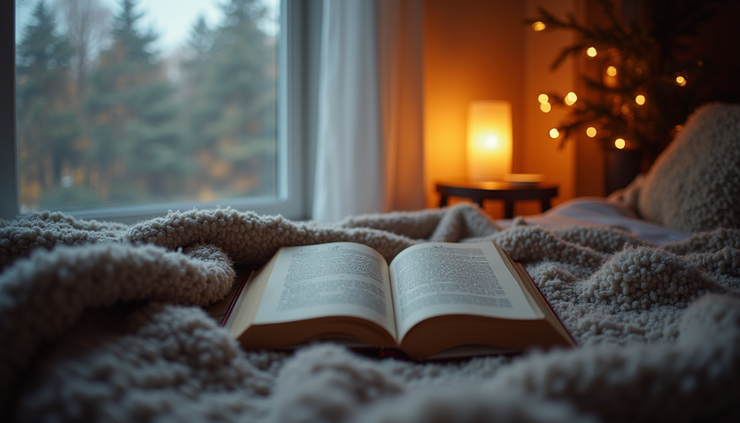 High angle view of a cozy reading nook with a blanket, book, and soft lighting