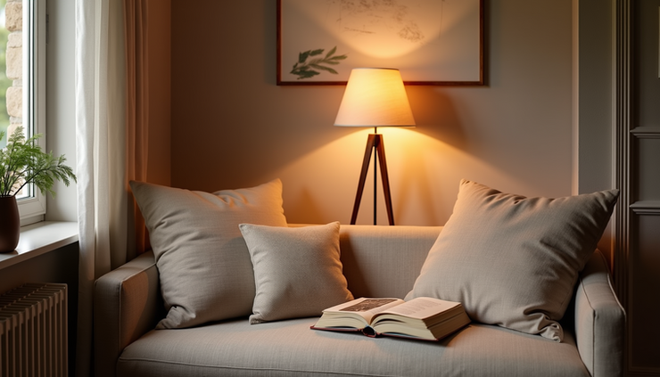 Close-up view of a cozy reading nook with cushions and soft lighting