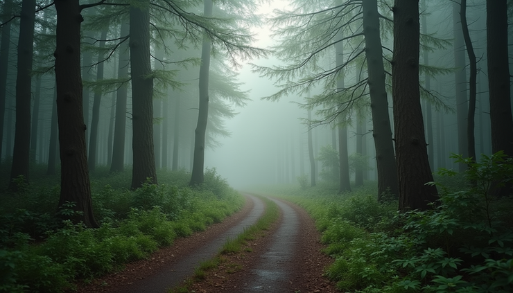 Eye-level view of a winding path through a misty forest