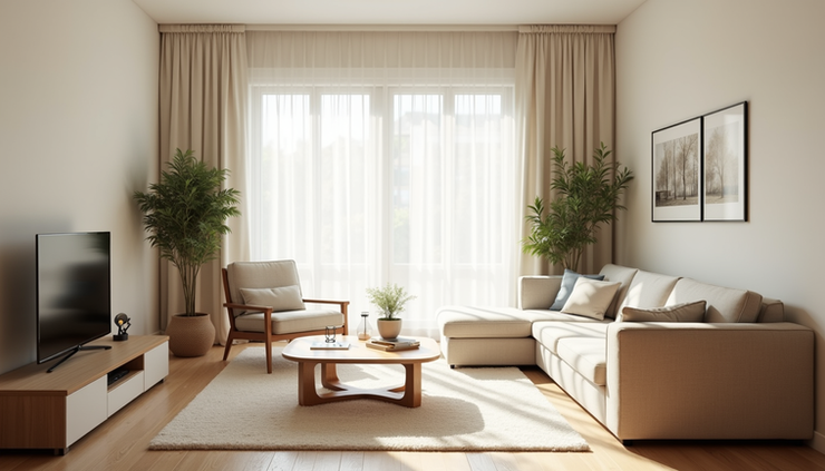 Eye-level view of a quiet, light-filled living room with soft natural light
