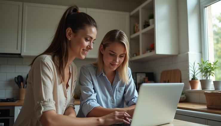 High angle view of a couple reviewing home listings on a laptop at a kitchen table