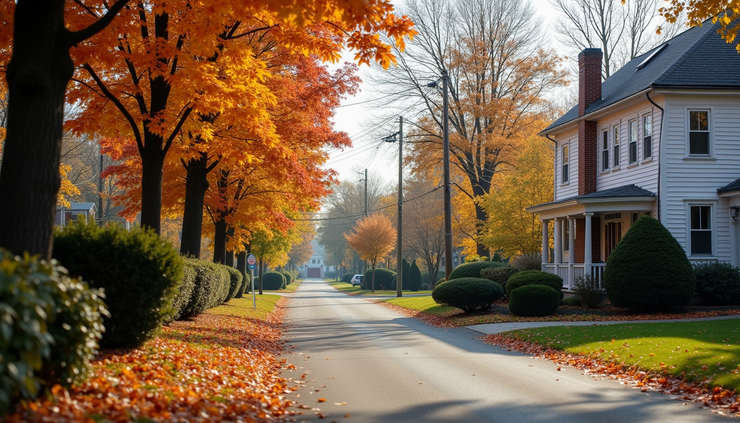 Wide angle view of a Massachusetts neighborhood street with various homes and autumn foliage