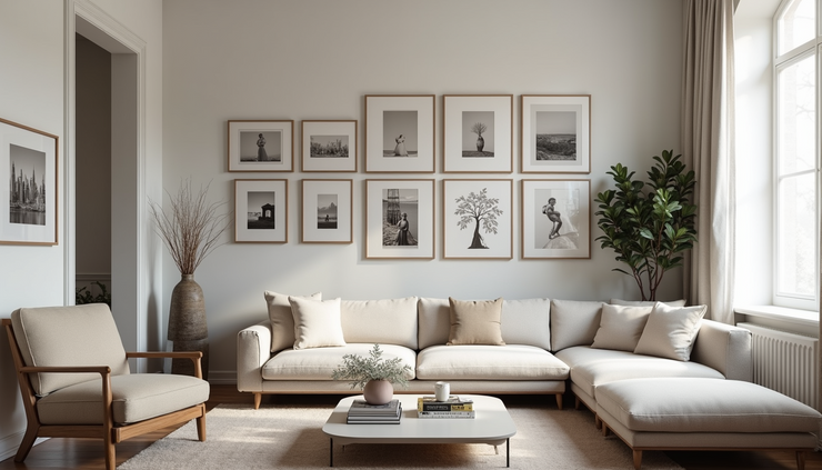 High angle view of a gallery wall with framed art and photos arranged in a living room