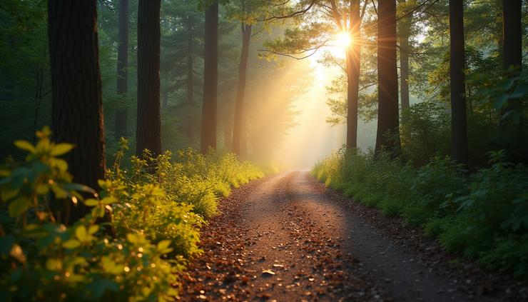 Eye-level view of a winding forest path bathed in soft morning light