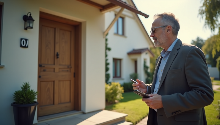 Close-up view of a landlord inspecting a rental property exterior