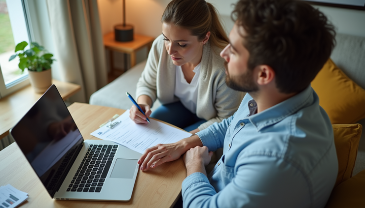 High angle view of a couple reviewing mortgage documents at home