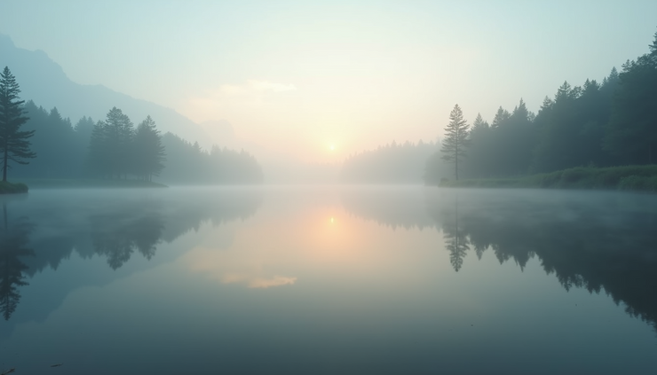 Eye-level view of a calm lake at dawn with soft mist over the water