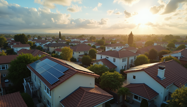 High angle view of solar panels integrated into a new residential development