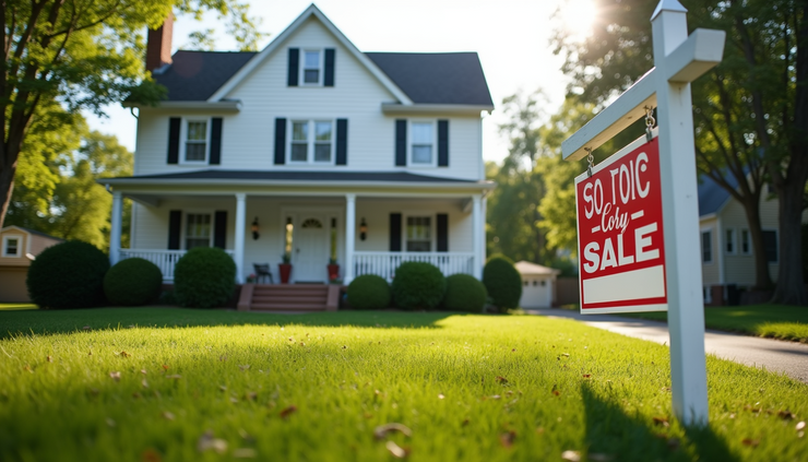 Eye-level view of a traditional Massachusetts home with a "For Sale" sign in front