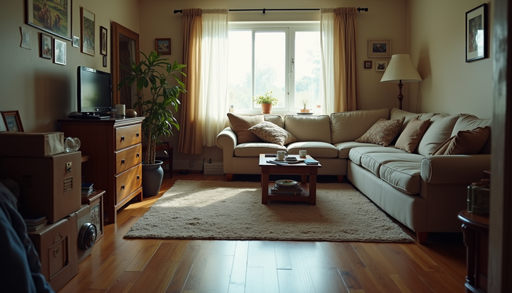 Eye-level view of a cluttered living room with personal items scattered