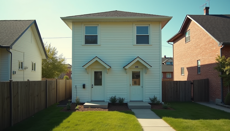 High angle view of a duplex house with two separate entrances and a small yard