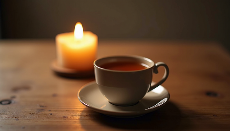 Close-up of a steaming cup of tea on a wooden table near a softly glowing candle