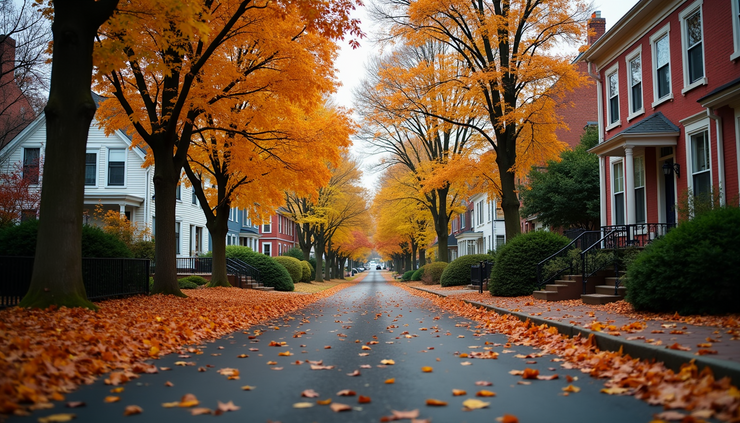 Eye-level view of a Boston neighborhood street with residential homes and autumn trees